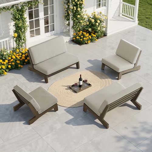 Image of Pia Ricoo 4 Piece Patio Furniture Sets, Outdoor Furniture with 2 Chairs & Coffee Table, Patio Conversation Set for Backyard, Deck, Lawn, Light Camel