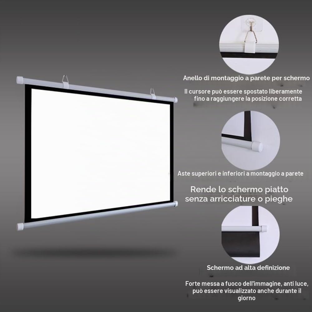 Schermo di Proiezione HD Schermo Proiettore Avvolgibile Manuale 50 Pollici 60 Pollici 72 Pollici Telo Proiettore Home Theater per Esterni Interni, Formato 16:9 4:3(72 inch (16:9))