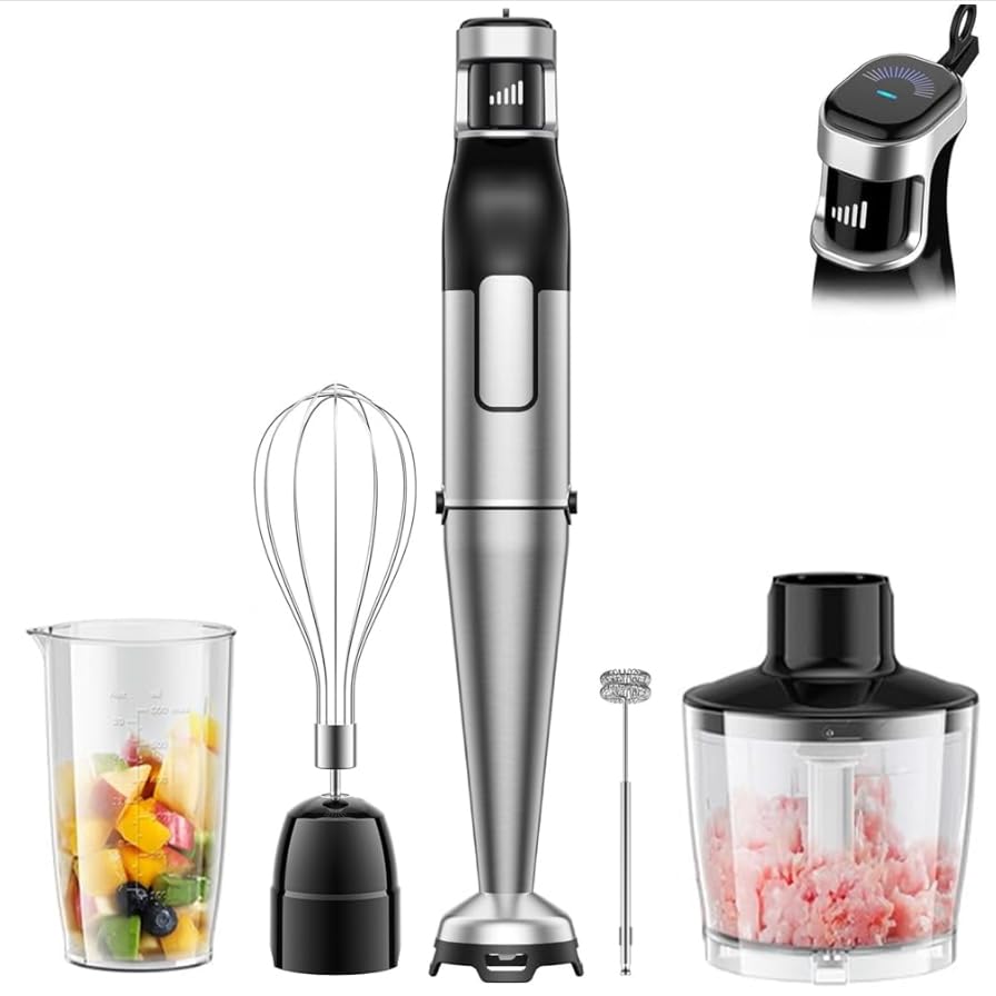 BESROY Batidora de Mano 5 en 1, 1100W Batidora Eléctrica con Protección Anti-Rayaduras & Velocidad Continua, Pie de Acero Inoxidable Ideal para Cremas, Smoothies