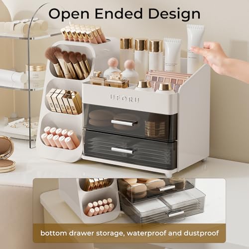 Image of UFORU Makeup Organizer for Vanity with Brush Holder, Large Capacity Bathroom Countertop Skincare Organizer with 2 Drawers, Cosmetic Display Case for Perfumes, Eyeshadow Palettes, Nail Polishes