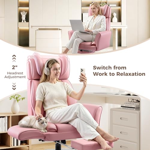 Image of Big and Tall Office Chair, Flip Armrests for Pets & Cross Legged Sitting, Ergonomic Leather Executive Desk Chair with Foot Rest, High-Back Reclining Computer Chair for Home Gaming, Peach Pink