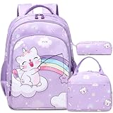 Purple Cat Backpack for Girls, 3 in 1 Girl Backpack with Lunch Bag Pencil Case for School, Large Capacity Girls Schoolbag with Reflective Straps for Preschool Kindergarten Elementary