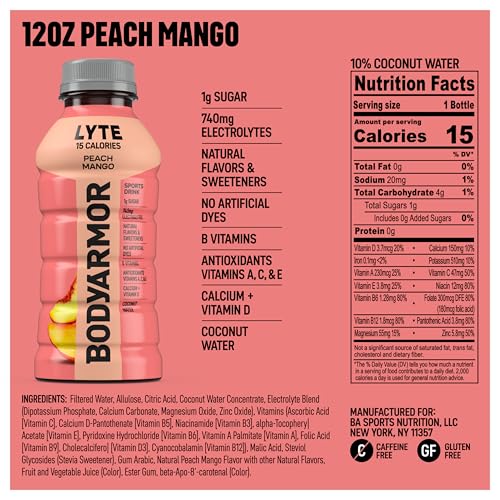 BODYARMOR LYTE Sports Drink Low-Calorie Sports Beverage, Peach Mango, Coconut Water Hydration, Natural Flavors With Vitamins, Potassium-Packed Electrolytes, Perfect For Athletes, 12 Fl Oz (Pack of 8) - Image 3