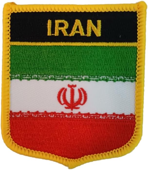 1 PSC Iran Flag Shield Embroidered Patch, Iron-On National Emblem, 2.76 x 2.36 inches, Yellow Border (Iran)