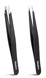 2-Pack Tweezers for Eyebrows, Facial Hair, Ingrown Hair Removal, Slant and Point Tip Tweezer Set for Women and Men, Professional Stainless Steel Precision Eyebrow Plucking Grooming with Case - Black