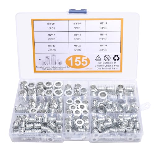 155 Pezzi Inserti Filettati, M4 M5 M6 M8 Boccole Filettate per Legno, Vite Dado Esagonale in Acciaio Zincato, Inserto Filettato per Mobili in Legno