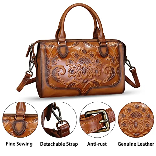 Image of Genuine Leather Satchel for Women Embossed Leather Handbag Top Handle Bags Handmade Purse Crossbody Handbags Tote Bag (Brown)