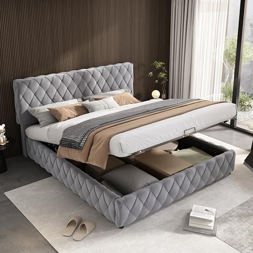A ALFRESCOOL Cama doble 160 x 200 cm, tapizada, cama de almacenamiento, cama funcional, cama hidráulica con espacio de almacenamiento, estructura trenzada con listones de madera, fácil de montar,