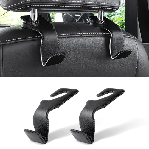 LivTee Black Superior Leather Car Seat Back Headrest Hook, Auto Seat Hook Hangers Interior Accessories for Purse Coats Umbrellas Grocery Bags Handbag, 2-Pack