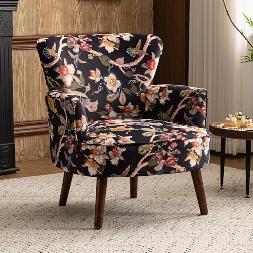 Floral Accent Chair, Upholstered Living Room Chairs with Solid Wo...