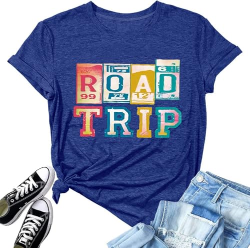 Road Trip Women Hiking Camping Active Shirts Loose Fit Workout Graphic Climbing Outfit 70s 80s 90s Vintage Outdoor Tee Tops, Navy Blue XL