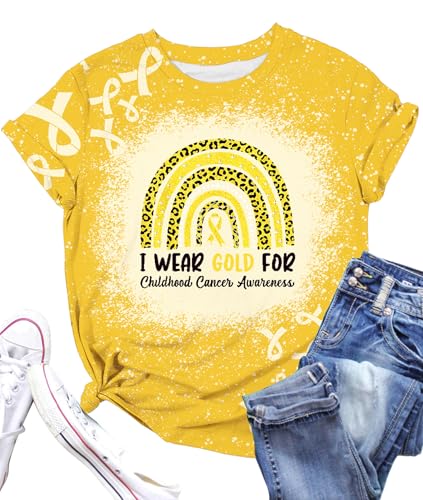 LAZYCHILD Childhood Cancer Awareness Shirt Women Gold Ribbon Cancer T-Shirt I Wear Gold Pediatric Cancer Tee Tops