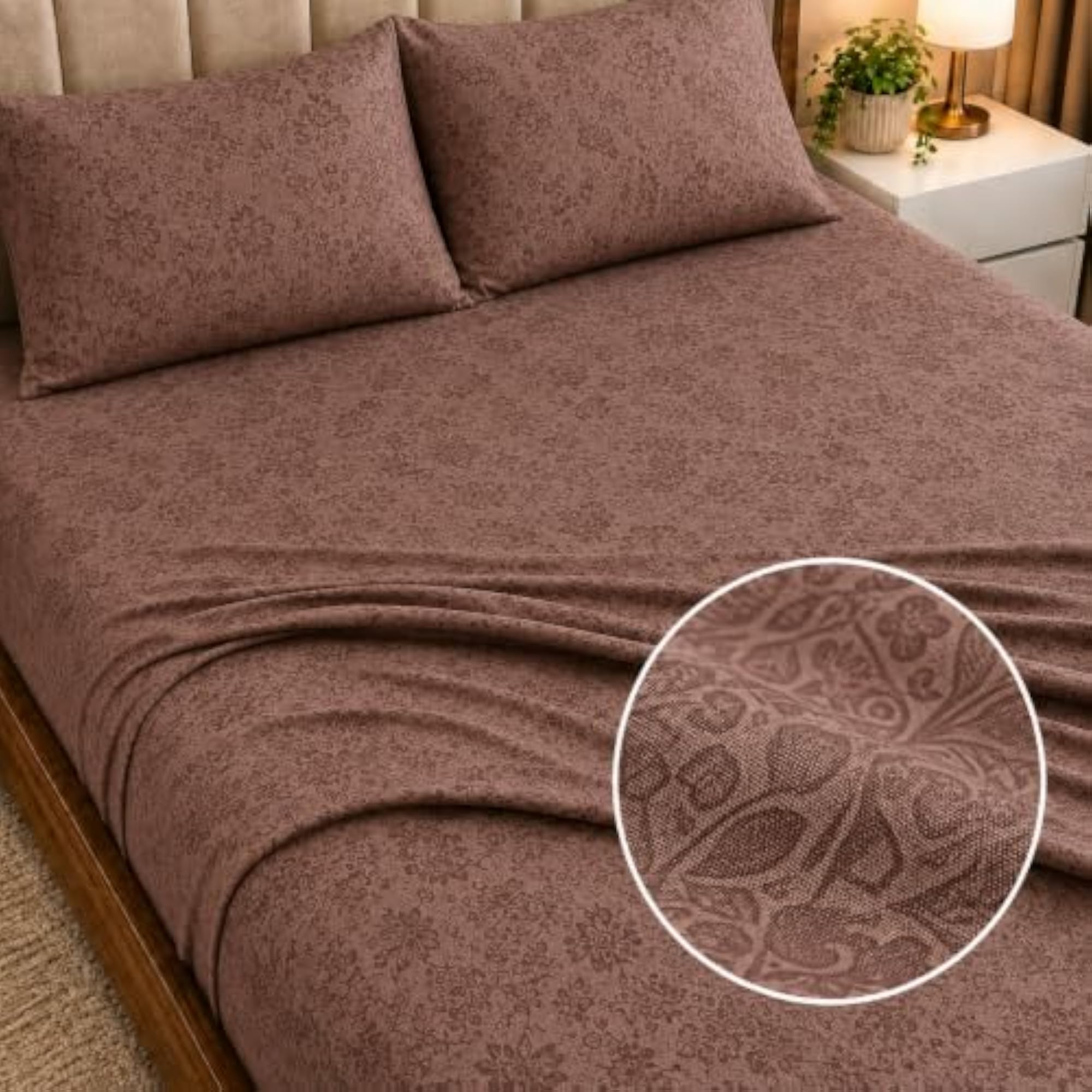 Brown 3D Print 220 TC Glace Cotton Fitted Bedsheet with 2 Pillow Covers