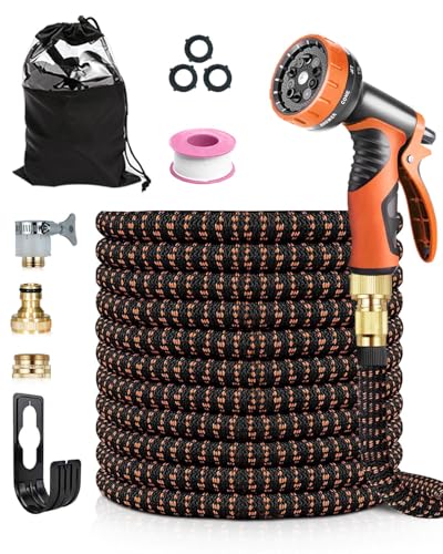150FT Expandable Garden Hose Pipe, 10 Functions Spray Gun, Leakproof Hose Pipe with 4-Layer Latex Core, 1/2'' & 3/4'' Brass Fittings, Flexible Hose Pipe for Gardening Car Wash Pet, Black & Orange