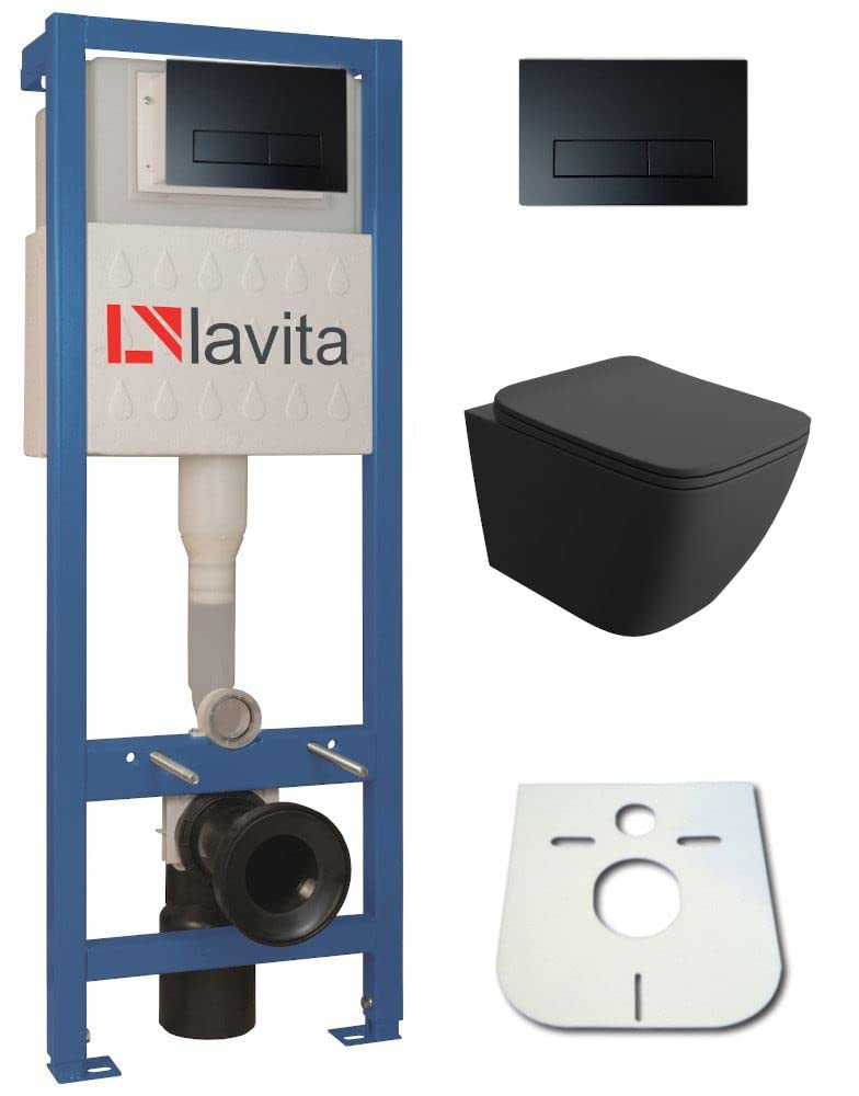 Domino lavita LINO BLACK Élément mural avec plaque de déclenchement + WC mural sans rebord + abattant WC avec système d'abaissement automatique Soft-Close (plaque de commande RB) WC complet