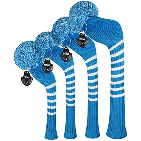 Scott Edward Knit Wood Golf Covers 4 Pieces Handmade Knitted Item Fit Over Well Driver Wood(460cc) Fairway Wood*2 and Hybrid(UT) (Blue White Stripes) Cover