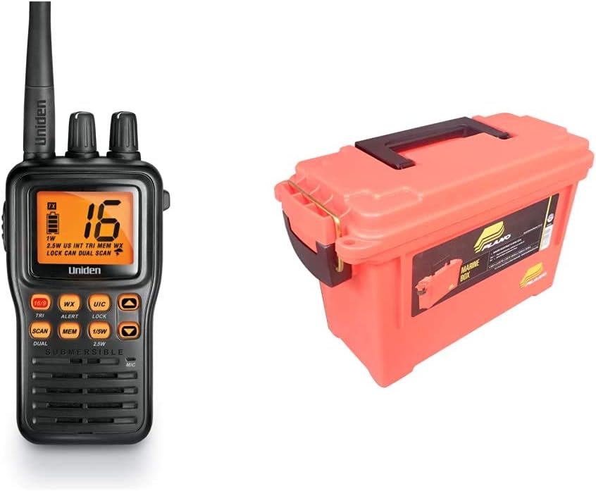 Uniden MHS75 Waterproof Handheld 2-Way VHF Marine radio, Submersible, Selectable 1/2.5/5 Watt Transmit Power. All USA/International and Canadian Marine Channels - Color Black | Plano 131252 Dry Storage Emergency Marine Box, Orange