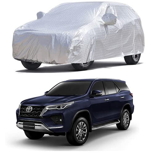 100% Waterproof Car Cover for Toyota Fortuner (All Models Compatible) with 4 tyre Windproof Belt, Center Buckle Belt, Mirror Pocket, Front-Rear Bottom Elastic,Heat Resistant,Triple Stitch.