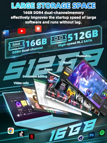 Image of 16 inch Blue Laptop, DDR4 16GB RAM 512GB SSD, 1920x1200 FHD IPS, Quad-Core N95 Processor (Up to 3.4GHz), Color Backlit KB, Face Recognition & Gesture Touchpad, Win 11 Pro for Business & Student