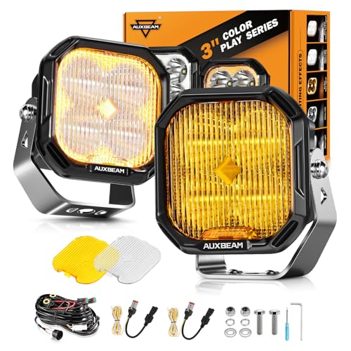 Image of Auxbeam Color Play Series 3 Inch LED Pods, Fog Beam Off Road Light with Amber White DRL & Turn Signal 100W Driving Lights Auxiliary Ditch Light for Jeep Truck ATV UTV with Covers