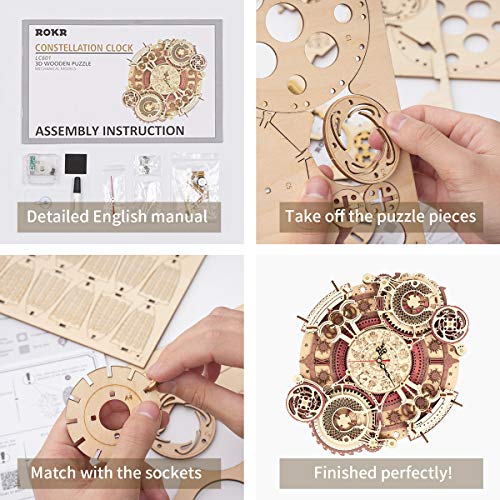 ROKR 3D Wooden Puzzle Clock Model 12"– DIY 168 PCS Mechanical Model Kit Toys Home Decor Elegant Gifts for Teens/Adults - Image 4