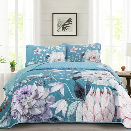 Drucon Floral Quilt Queen Size 3 Pieces Aqua Blue Quilt Botanical Bedspread