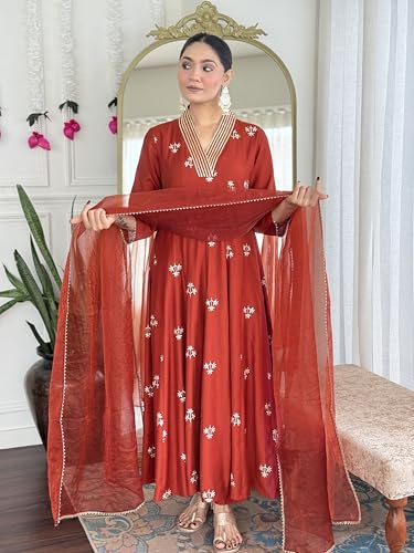 Image of ANNI Designer Women's Viscose Silk Anarkali Printed Kurta with Pant & Dupatta | Festive Ethnic Suit Set for Women | Printed Anarkali Kurti Pant Dupatta Set | Elegant for Ladies