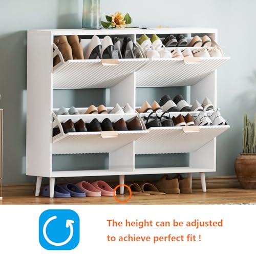 Image of Shoe Cabinet Storage,Modern Freestanding Organizer with 4 Flip Drawers,Narrow Shoe Rack Cabinet for Entryway,White