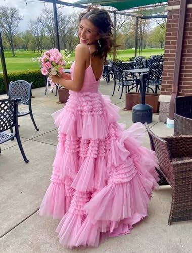 Tiered Glitter Tulle Prom Dresses for Women Princess Ball Gown Long Formal Evening Dress with Slit3