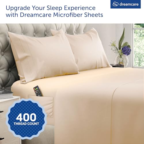 Image of DREAMCARE King Size Sheets Set - 4 pcs Breathable Cooling Sheets - up to 21 inch Extra Deep Pocket King Sheet Set with Side Pockets - Extra Soft 100% Brushed Hypoallergenic Hotel Luxury Bedding, Wheat