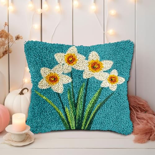 Image of DIY Latch Hook Pillow Kits for Adults Daffodil Flower Printed Pillowcase Crochet Yarns Hooking Handmade Pillow Cover Cushion for Home Sofa Decoration 17x17inch-6