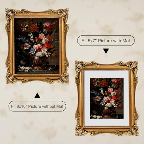 Image of 8x10 Vintage Frames Gothic Victorian Picture Frames Gold | Matted to 5x7 or 8x10 Photos, Real Glass, Tabletop or Wall Display