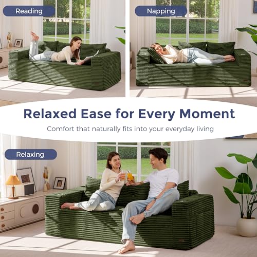Image of MAXYOYO 79 inch Oversized Boneless Loveseat Sofa Couch for Small Spaces, Mini Love Seat Floor Couch with Cup Holders and Pillows, 3-Seater Upholstered Cloud Couch for Bedroom, No Assembly Required