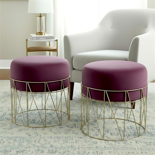 Image of Premium Set of 2 Gold Metal Ottoman Pouffe Stool & Footrest for Living Room & Bedroom | Wine Soft & Classy Mosha Fabric with Linear Frame | 18 inch Height | Luxury Multipurpose Furniture & Home Decor