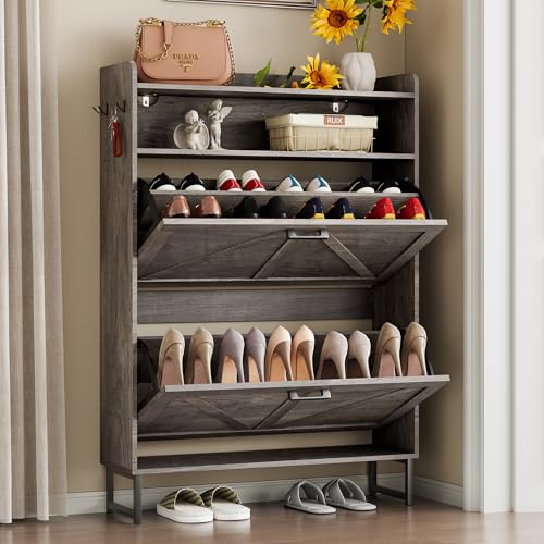 Image of BORNOON Shoe Cabinet with 2 Flip Drawers Narrow Shoe Storage Organizer Wooden Freestanding Rack Hidden Slim Shoes Storage Cabinet for Entryway, Hallway, Living Room, Bedroom (Grey)