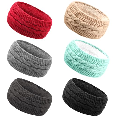AQOKKA Knit Winter Headbands for Women Fuzzy Wool Fleece Lined Ear Warmers Elastic Turban Crocheted Head Wrap Winter Accessories for Women Cold Weather