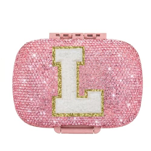 Image of Cute Pill Organizer Small Bling Pill Case for Purse Medicine Vitamin Container Holder Daily Pill Box Container for Women Travel Medicine Kit(Letter L Pink)