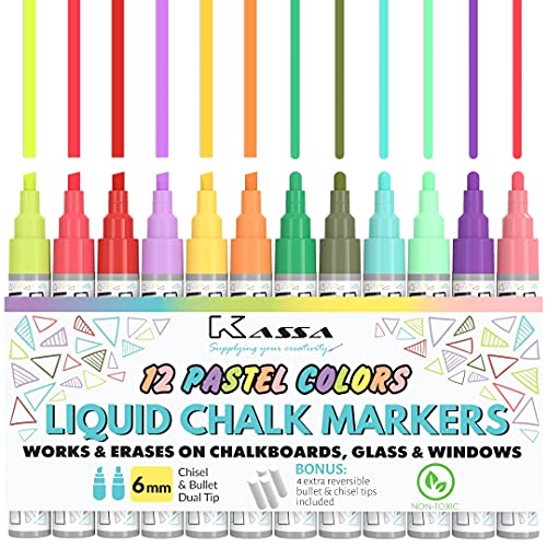 Kassa Chisel And Bullet Dual Tip Marking Pen, Bundle Of Liquid Non-Toxic Pastel Chalk Markers (12 Colors) & Metallic Chalk Markers (8 Colors) #TOP5