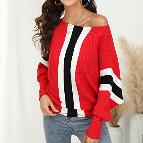 Image of EDSTAR Boat Neck Batwing Sleeves Dolman Knitted Sweaters Autumn /Winter Pullovers Tops for Women Stripe Red