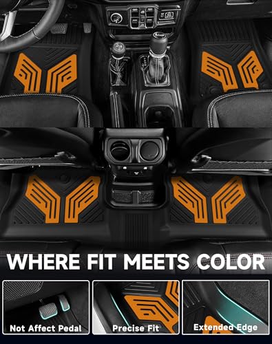 Image of Premium Color TPE Floor Mats for Jeep Wrangler JL 2018-2026 4 Door Gas /MHEV Type (Not Fit for JK or PHEV) | Desert Amber Wing Design | All-Weather Car Floor Liners Full Set 1st & 2nd Row Mats