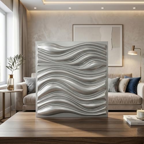 Image of Kayra Decor Luxury 3D PVC Wall Panels - Wave Pattern, Silver Finish | 19.7 inch x 19.7 inch | Pack of 18 | Covers 42.51 Sq. Ft. | Stylish Wall Cladding for Home & Office Interiors
