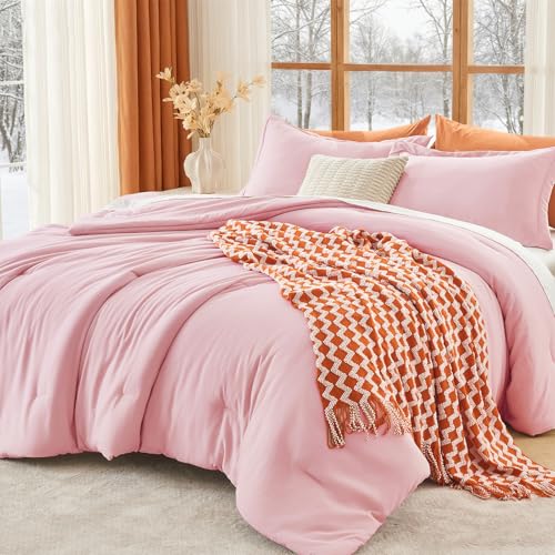 Image of MUXHOMO Pink Oversized King Comforter Sets, All Season Ultra Soft Down Alternative Bedding - 3 Piece Lightweight Bed Set Includes 1 Comforter (120 inchx98 inch) and 2 Pillow Shams (20 inchx36 inch)