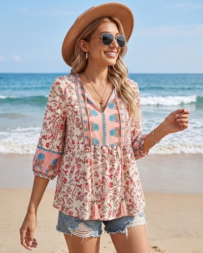 Image of Vivilli Womens Summer Boho Babydoll Tops 3 /4 Sleeve Pleated Peplum Blouses Casual V Neck Tie Front 2026 Tunic Tops