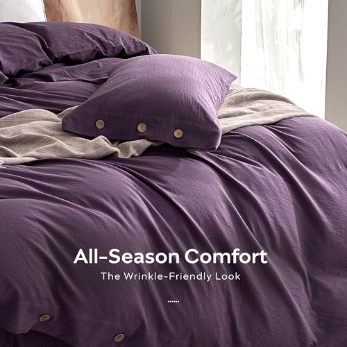 Image of JELLYMONI 100% Washed Cotton Duvet Cover Twin - Soft, Breathable Linen-Look Bedding with Natural Wrinkle Texture, Button Closure, 2-Piece Set (Iris Purple, 68 inchx90 inch)