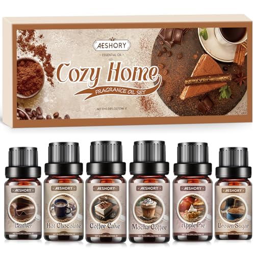 AESHORY Hogar Acogedor Aceites Esenciales para Humidificador 6 x 10ML, Set de Aceites Aromáticos de Aroma Cálido y Dulce - Azúcar Moreno, Tarta de Manzana, Pastel de Café, Café Moca, Cuero, Chocolate