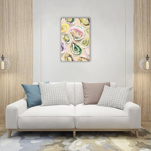 Image of Colorful Oyster Shell Poster Abstract Beachy Shell Canvas Wall Art Retro Summer Coastal Shell Picture Aesthetic Prints Painting For Home Living Room Kitchen Restaurant Wall Decor 8x12in Framed