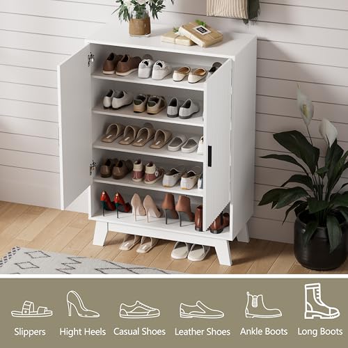 Image of Shoe Cabinet Storage for Entryway with Doors, 5 Tier Fluted Shoe Organizer with Adjustable Shelves, Entryway Shoe Storage with Wooden Legs, Freestanding Hidden Shoe Rack for Front Door Entrance, White