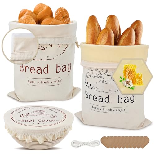 1 Large Beeswax Bread Bags for Homemade Bread Sourdough &1 cotton Bag with TPU Lining &1 Bowl Cover–Multi Closure Designs, Easy to Clean & Reusable, Thickened,Well-Made, Keeps Baked Goods Fresh Longer