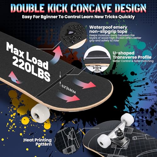 Image of Pro Complete Skateboards for Beginners Girls Boys Kids Youths Teens Adults 31 inchx8 inch Skate Boards 7 Layers Canadian Maple Double Kick Deck Concave Longboard