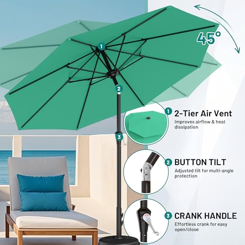 Image of AreShark 9ft 2 Tiers Patio Umbrella - Outdoor Umbrella Waterproof UV Protection, Market Table Umbrella w /Push Button Tilt&Crank for Pool, Porch, Garden(Turquoise)